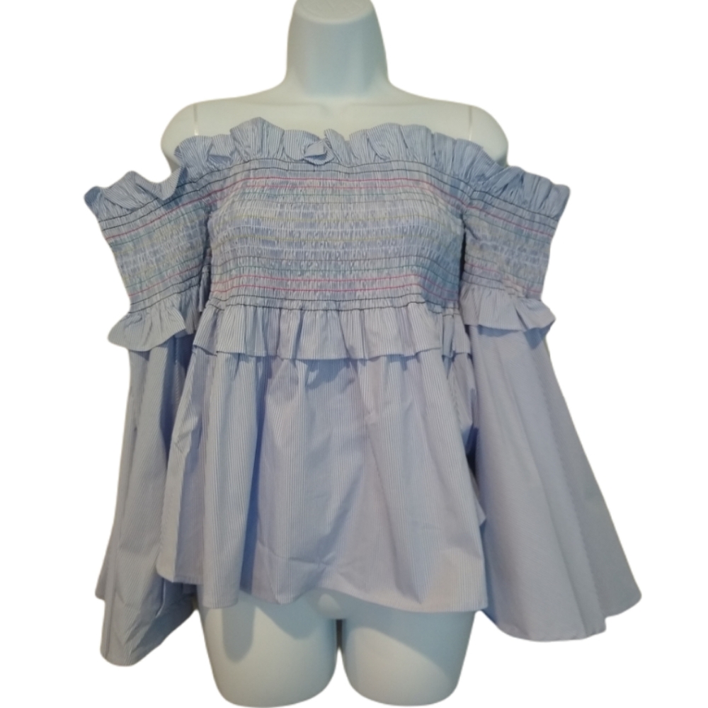 Aqua Smocked Off Shoulder Blue White Striped Top L